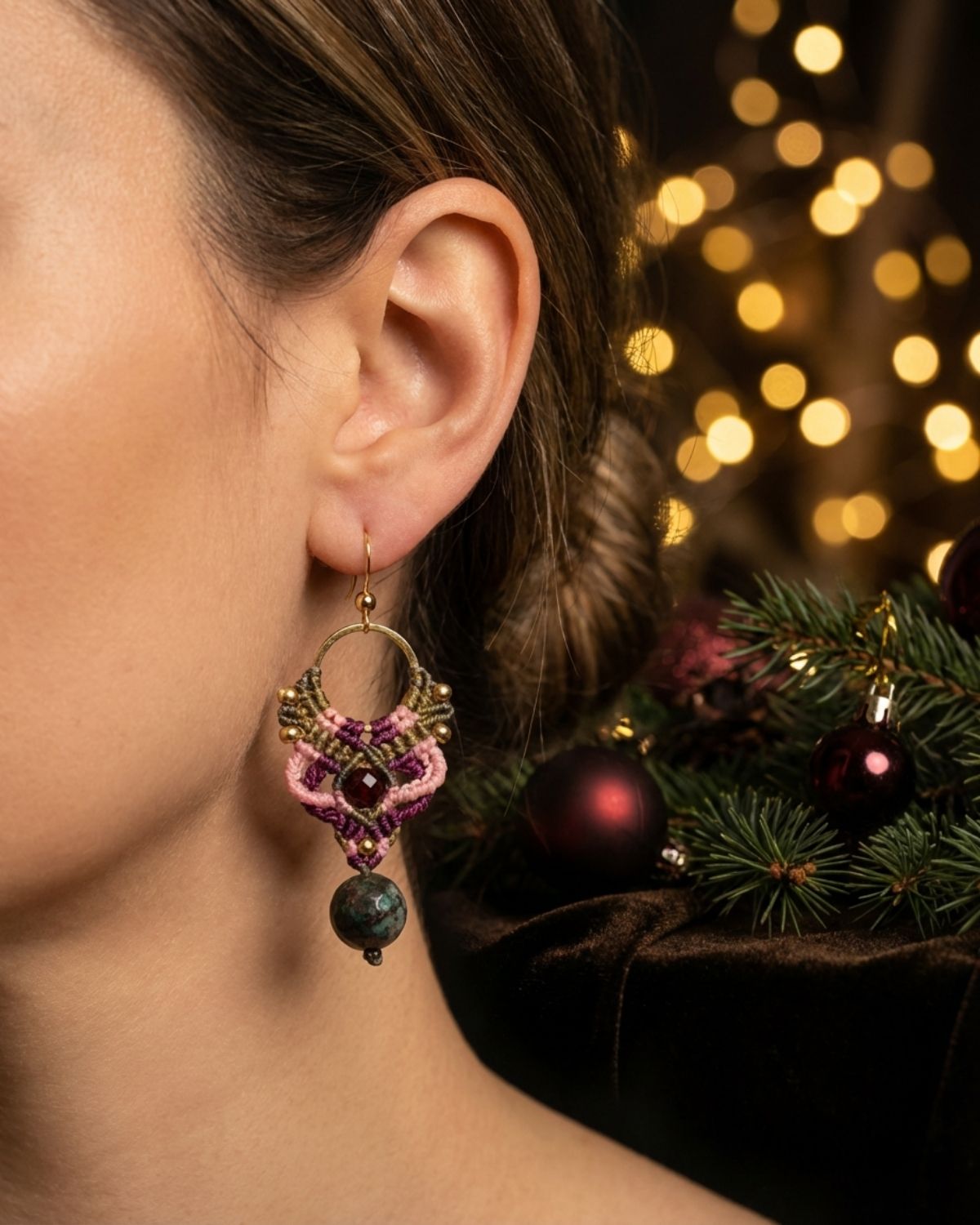 Zöldes rózsaszín Aphrodite fülbevaló óceán jáspissal és gránáttal