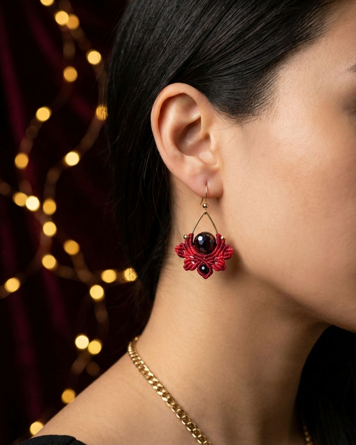 Bordó Nyx fülbevaló mookaittal és acháttal