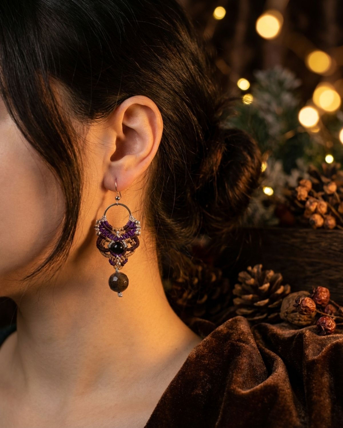 Barnás lila Aphrodite fülbevaló óceán jáspissal és ónixszal