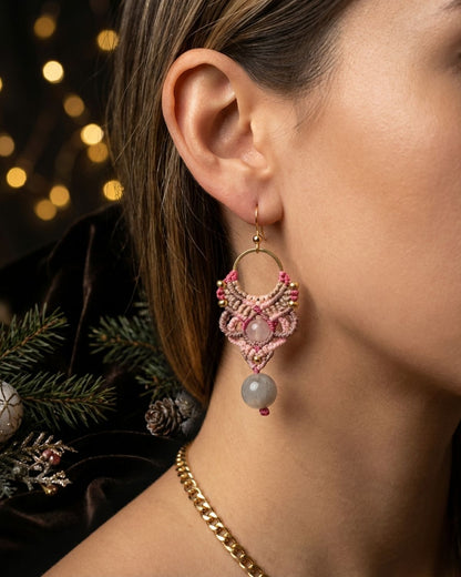 Világos rózsaszín Aphrodite fülbevaló labradorittal és rózsakvarccal